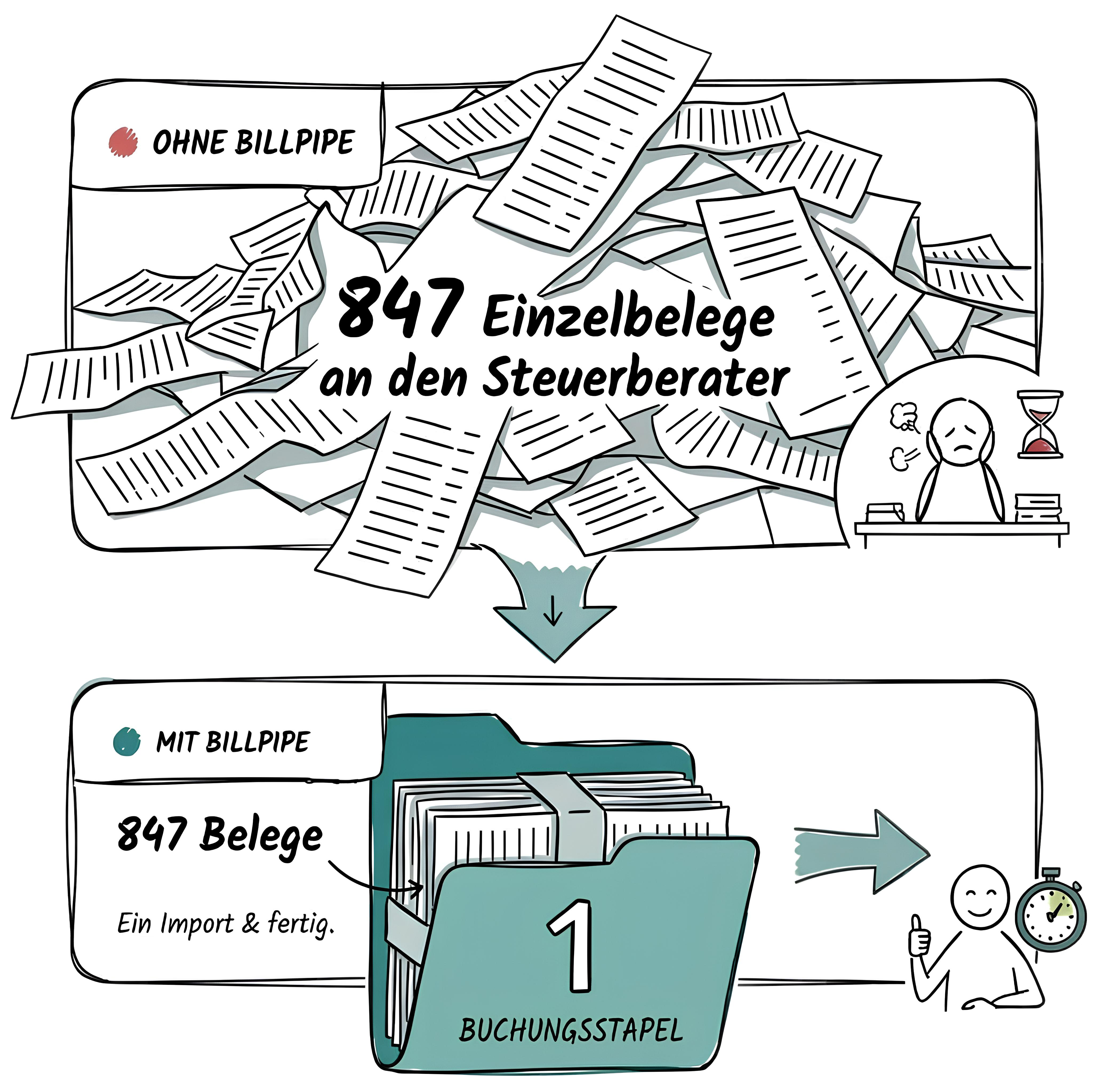 BillPipe automatisiert Belege-Import: 847 Einzelbelege werden zu einem Buchungsstapel für den Steuerberater.