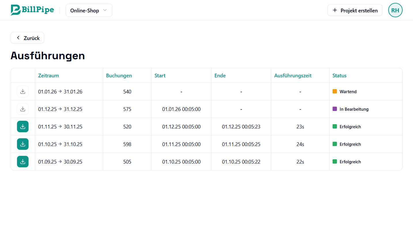 Alle Ausführungen in BillPipe einsehen