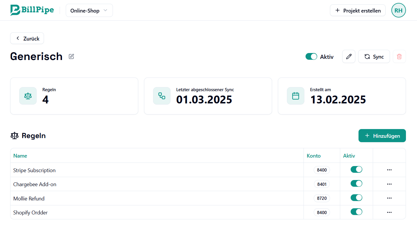 Regelkonfiguration in BillPipe
